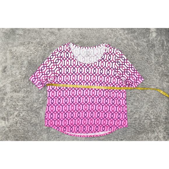 Chico's Size 3 Purple Cotton Blend Blouse Crew Neck Short Sleeve Geometric - Picture 2 of 7